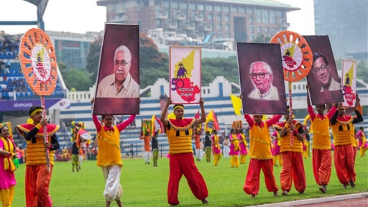 On Rajyotsava, a ceremony was held at Bengaluru's Sri Kanteerava Outdoor Stadium wherein students put forth cultural spectacle showcasing the vivid traditions of the southern state.