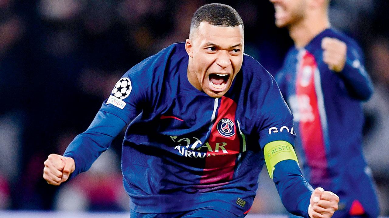 PSG’s Kylian Mbappe celebrates scoring the equaliser against Newcastle in Paris on Tuesday