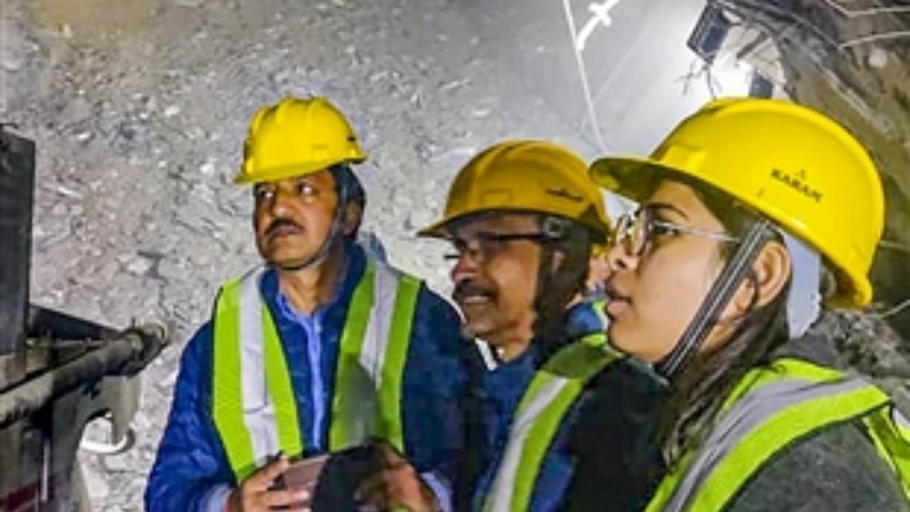 A team of experts during an inspection after a portion of an under construction tunnel between Silkyara and Dandalgaon on the Brahmakhal-Yamunotri national highway collapsed, in Uttarkashi district