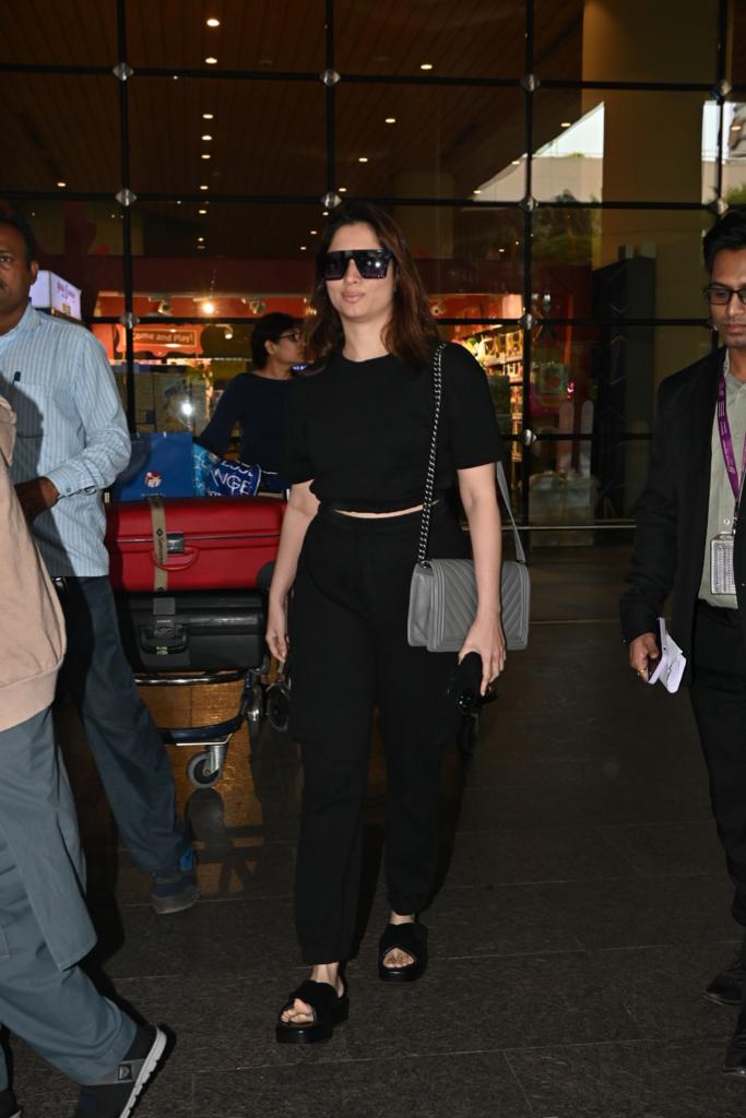 Tamannaah Bhatia opted for an all-black outfit for her airport look