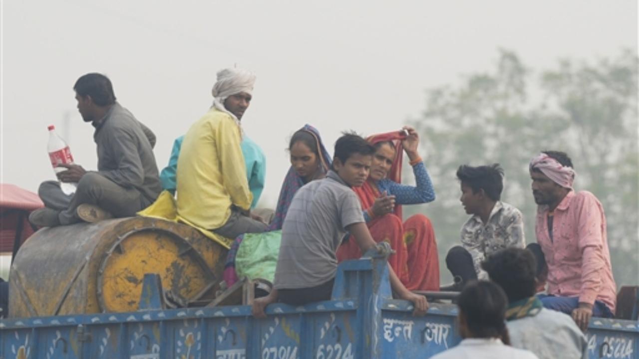 Labourers travel in a tractor trolly during a smoggy morning in Noida