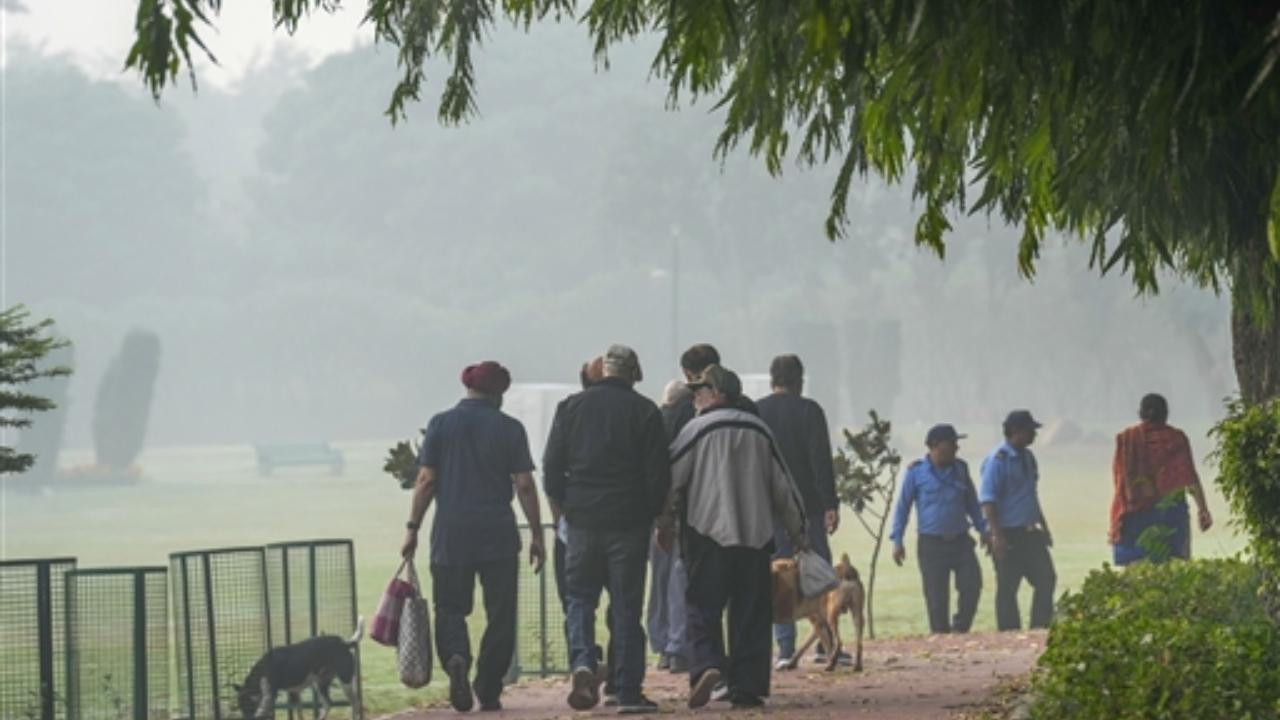 People take a stroll at a park during a smoggy morning, in New Delhi, Thursday, Nov. 9, 2023. The air quality in Delhi was recorded in the 'severe' category on Thursday morning