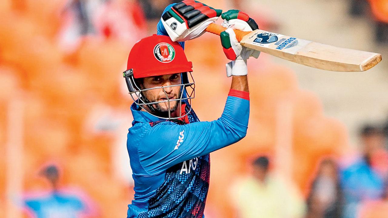 Afghanistan’s Azmatullah Omarzai against South Africa in Ahmedabad yesterday. Pic/AFP