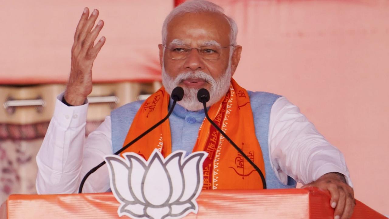 PM Modi speaks during a public meeting ahead of Madhya Pradesh elections in Satna. Pics/PTI and BJP/X