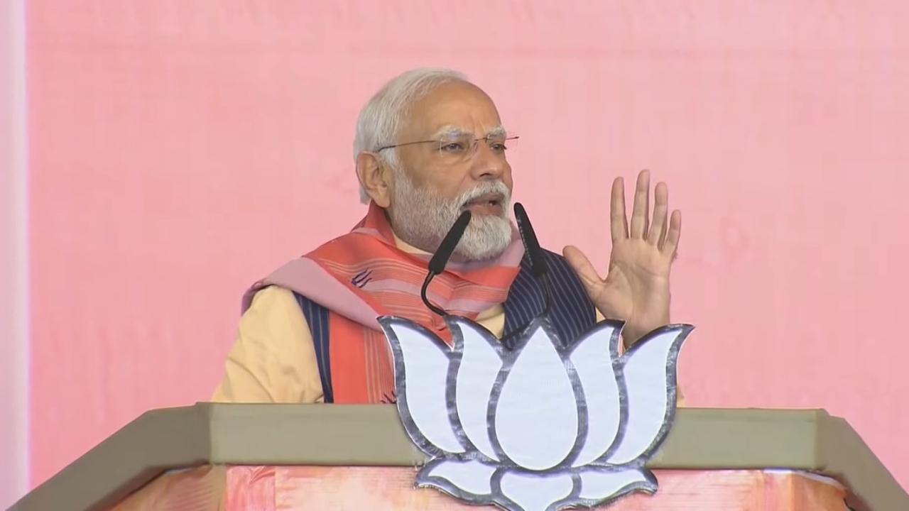 PM Modi while addressing a rally in Madhya Pradesh on Tuesday ahead of elections in the state. Pics/BJP/X