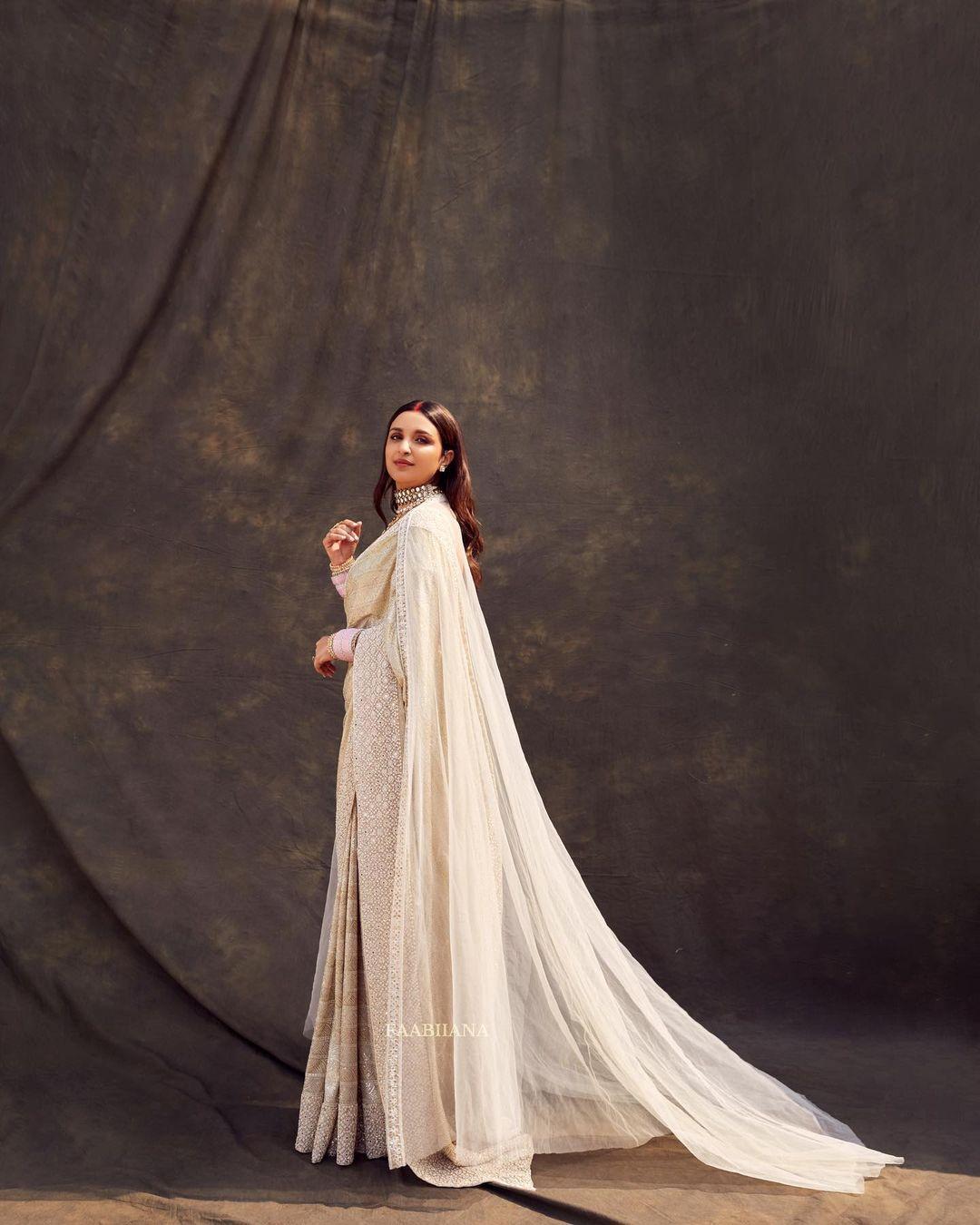 Parineeti posted a picture of herself wearing a stunning ivory saree this look can be perfect when you want to wear traditional attire but still want to keep it simple