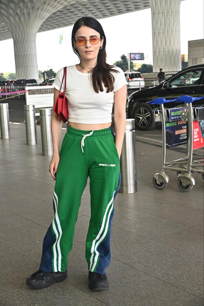 Radhika Apte looked stunning in green pyjamas paired with white top as she was snapped at the airport