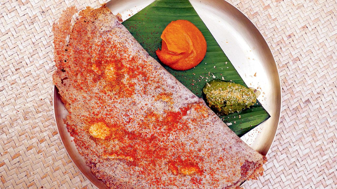 Ragi dosa with sambhar cream