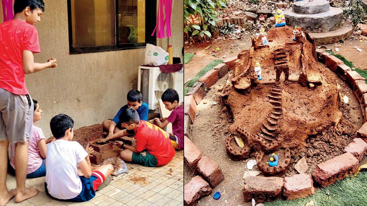 Kids build a miniature mud fort (right) a finished fort decorated with miniature dolls spotted by Railkar