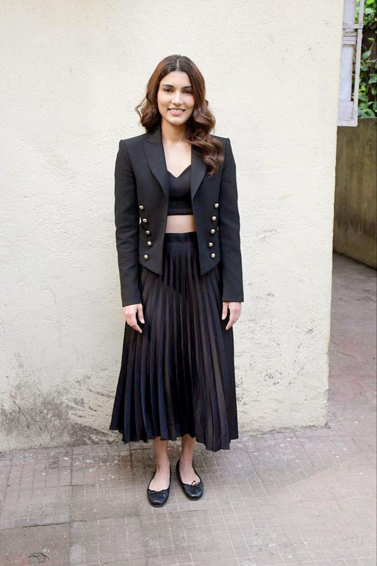 Debutant Alizeh Agnihotri stepped out in the city in a black dress for the promotions of the film
