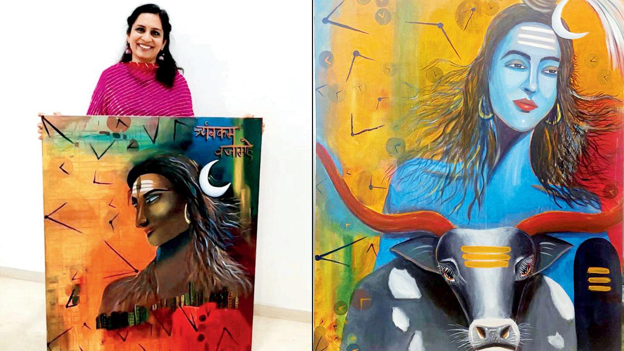 Choudhari with a canvas (right) an artwork of Lord Shiva from the series