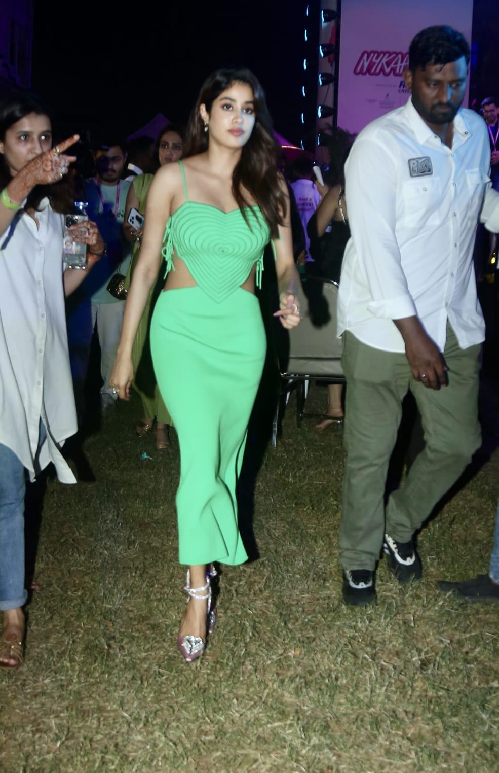 Janhvi Kapoor made a stylish entry at the Nykaa event, wearing a stunning green gown