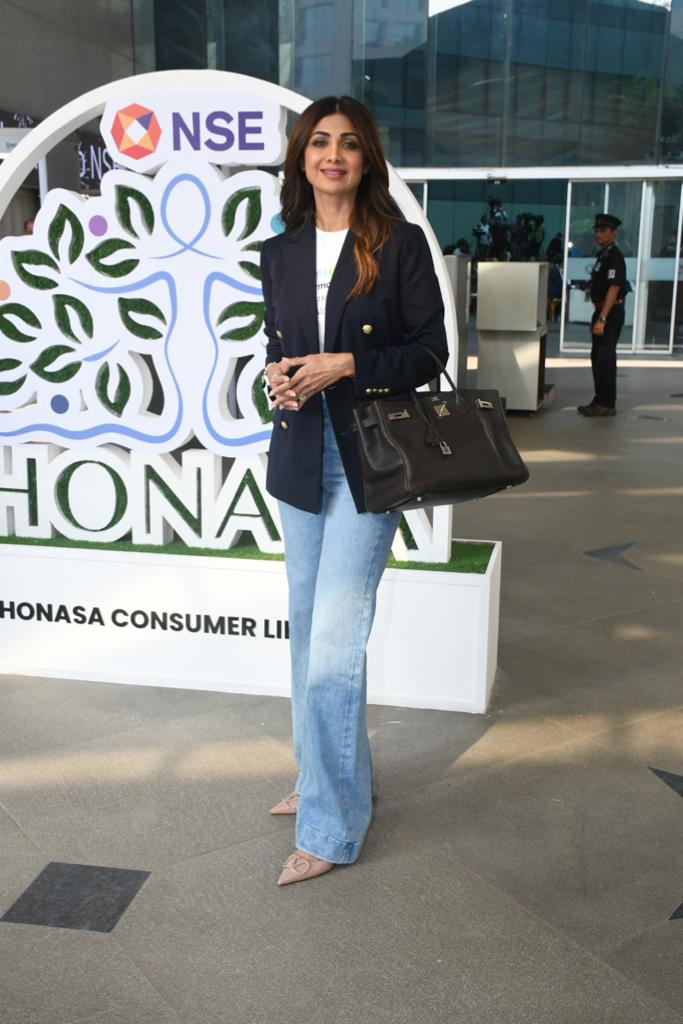 Shilpa Shetty was snapped wearing a white top paired with blue jeans and a black blazer