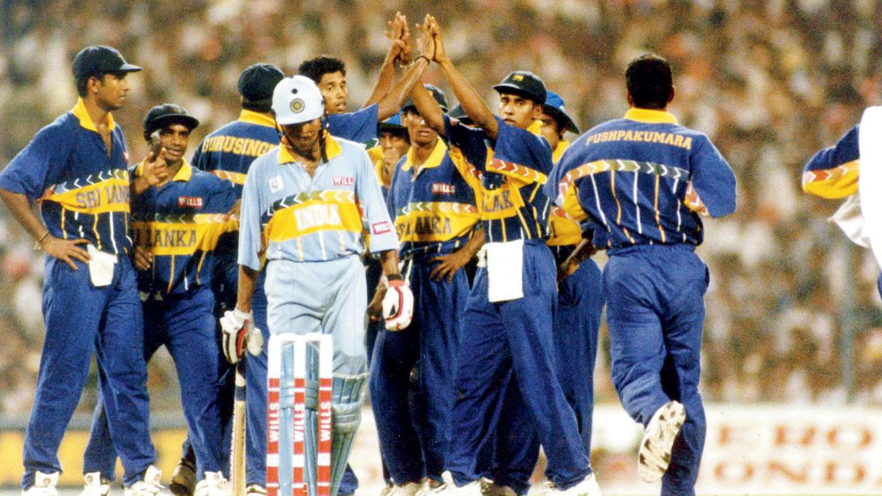 The Sri Lankans celebrate the dismissal of India’s Mohd Azharuddin (not in pic) during the 1996 World Cup semi-final. Pic/MID-DAY ARCHIVES