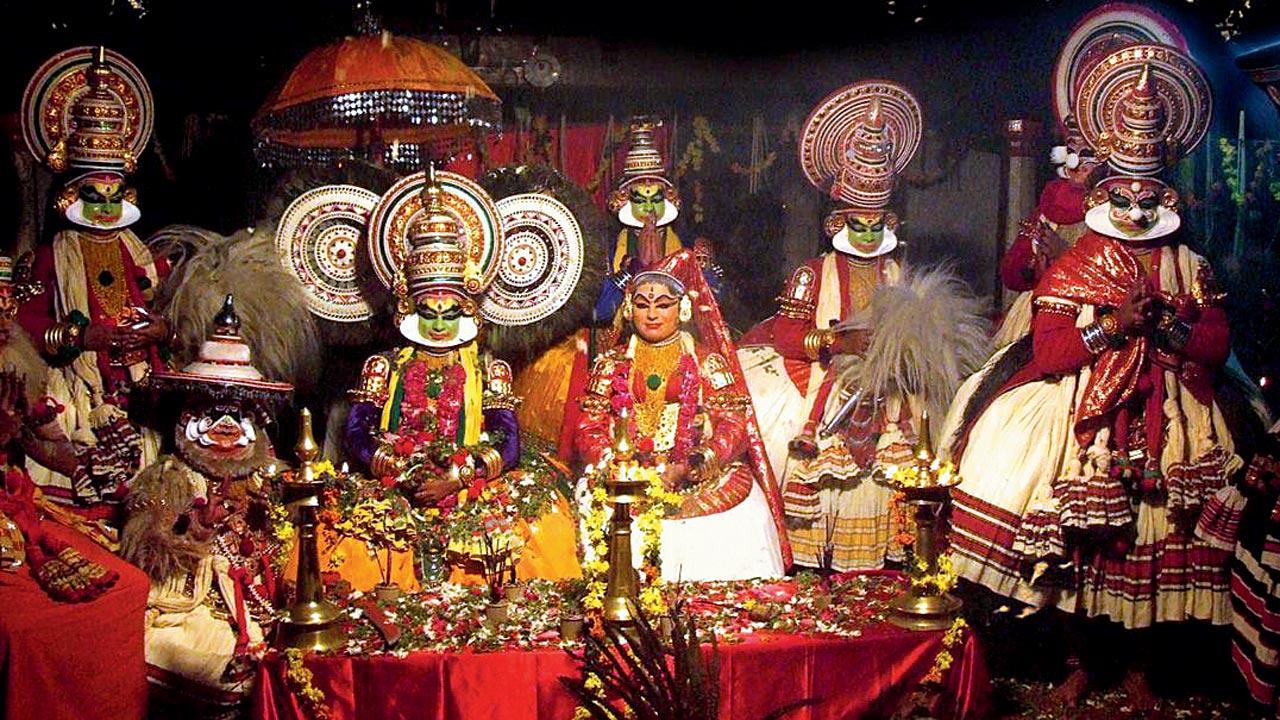 A photograph by Dr B Hariharan of the Sreerama Pattabhishekam by the Sandarsan Kathakali Vidyalayam at the Natakasala of Sreekrishnaswamy Temple in Kerala