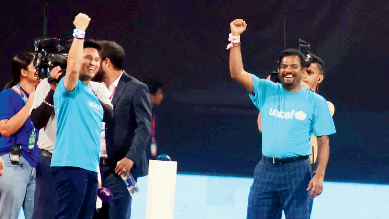 Sachin Tendulkar and Muttiah Muralitharan at the Wankhede Stadium on Thursday 