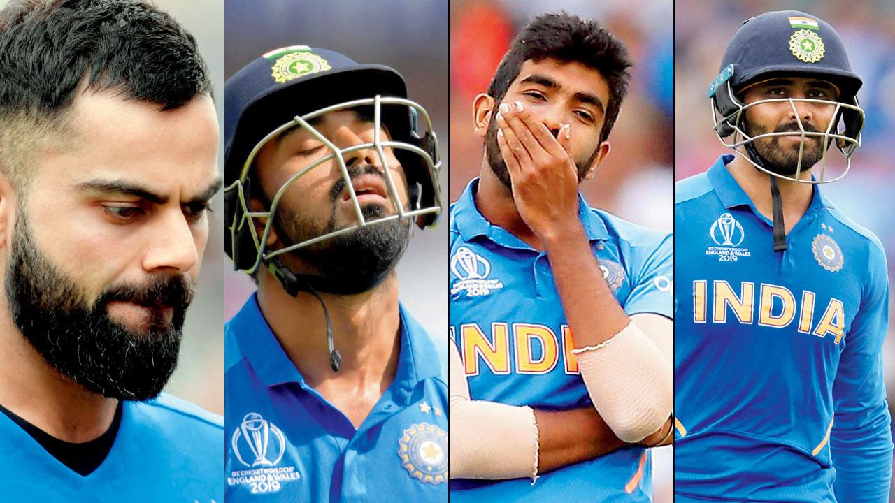 Rohit Sharma, Virat Kohli, KL Rahul, Ravindra Jadeja and Jasprit Bumrah wear a dejected look during India’s loss to NZ at Manchester in 2019. Pics/AFP, Getty Images