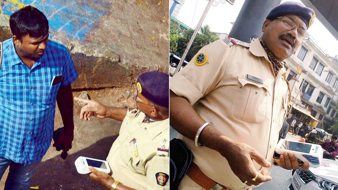 Reporter Shirish Vaktania, posing as a traffic violator, interacts with PSI Dulam at Borivli West on Friday; (right) PSI Dulam, who allegedly took bribes using hawkers’ QR codes . 