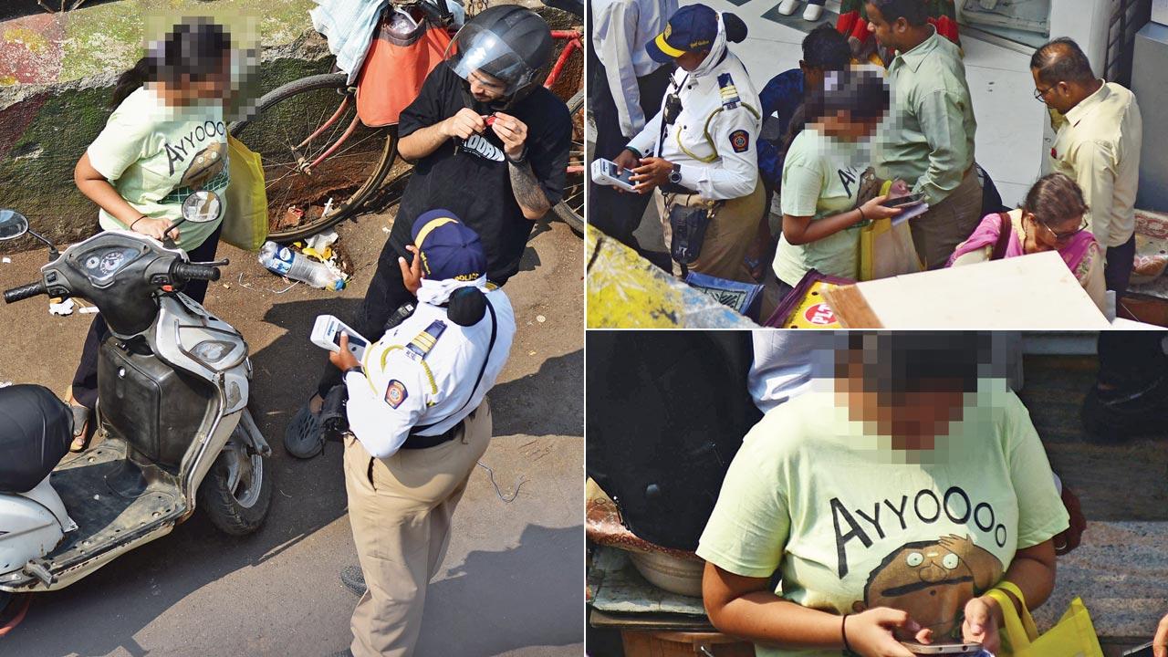 (left to right) 1. A scooter rider is pulled over a Borivli West on November 3; 2. The woman who was riding pillion is sent to a hawker’s stall to make a digital payment; 3. The woman who sent to a hawker’s stall confirms a digital payment has been made. Pics/Nimesh Dave