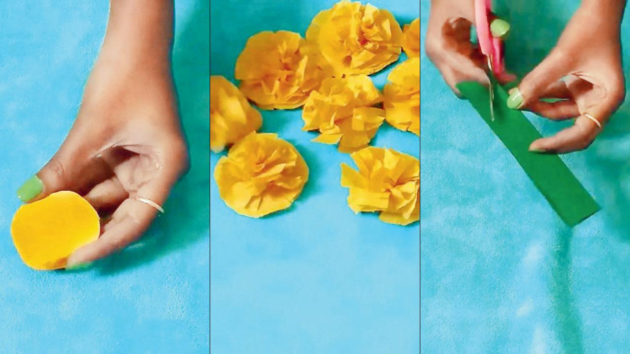 Cut the yellow paper into circles (left) Pinch at the centre and fold edges (right) Cut zig zag to make the leaves