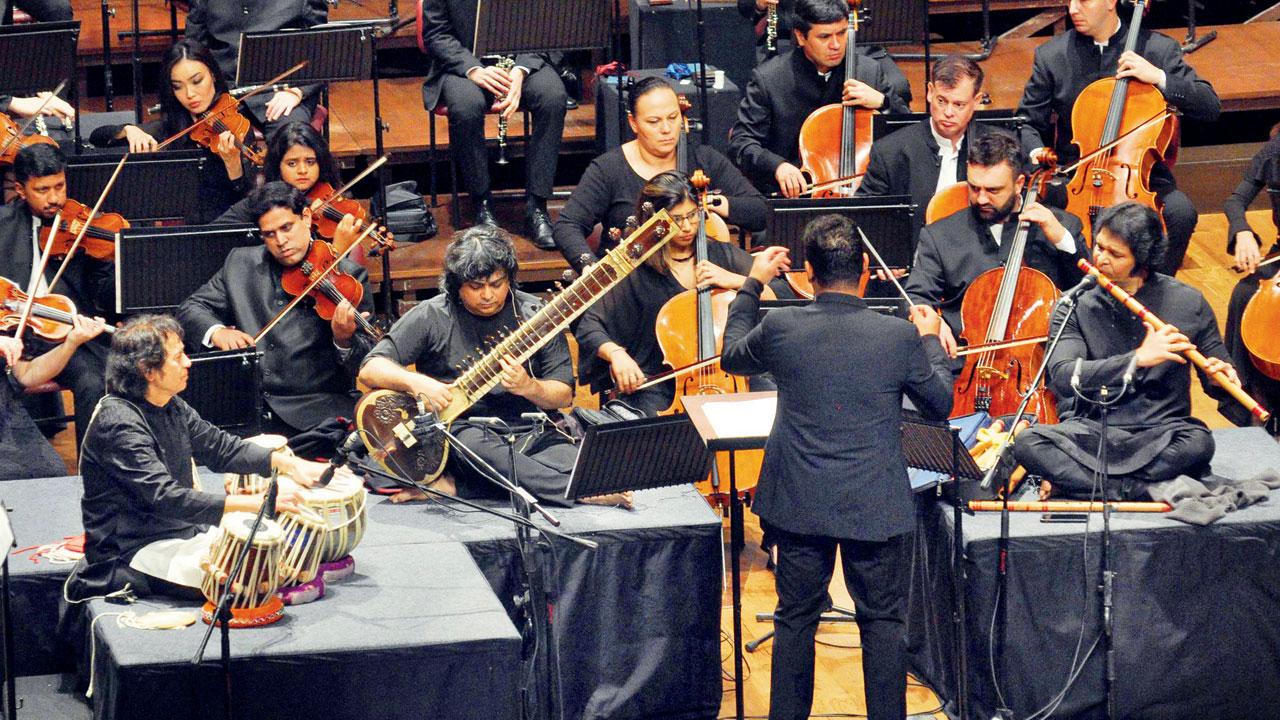 (From left) Zakir Hussain on tabla, Niladri Kumar on sitar and Rakesh Chaurasia on basuri at a previous show