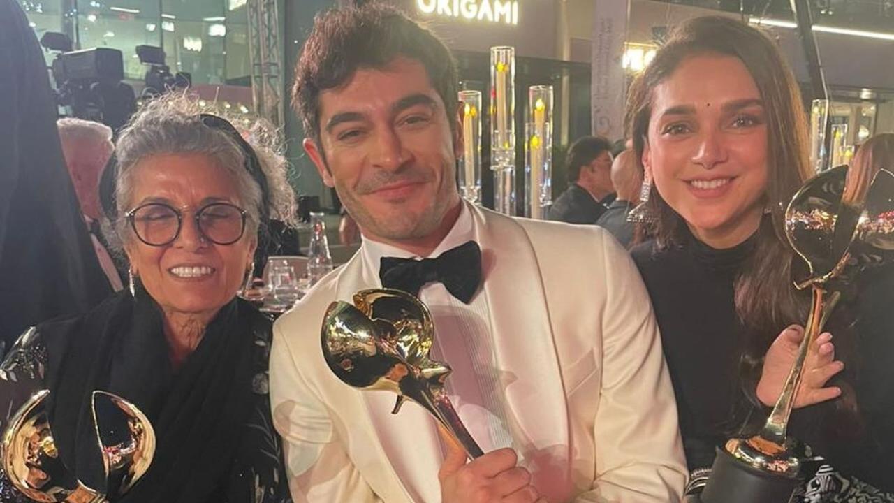 Aditi Rao Hydari poses with Turkish Actor Burak Deniz after being honoured at DIAFA