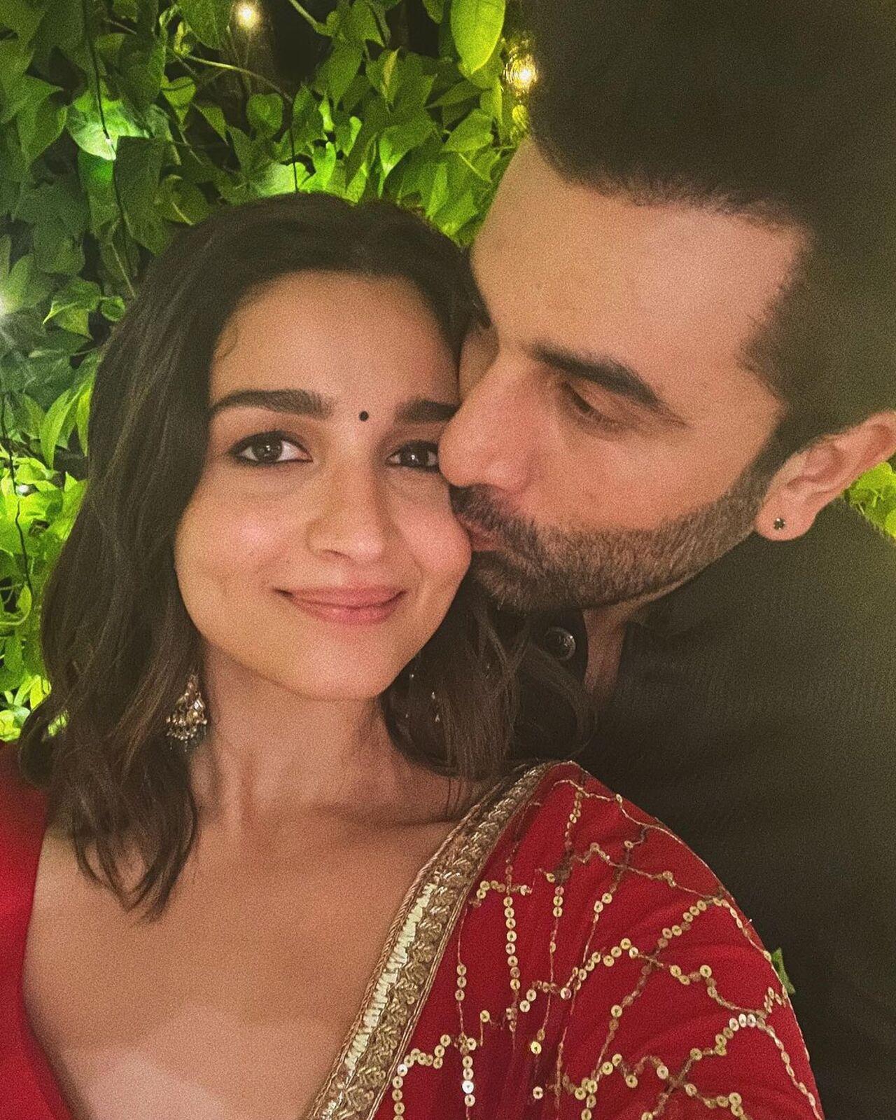 Alia Bhatt shared pictures with Ranbir Kapoor from Kareena Kapoor Khan's Diwali party. The actress looked gorgeous in red whereas the actor wore black