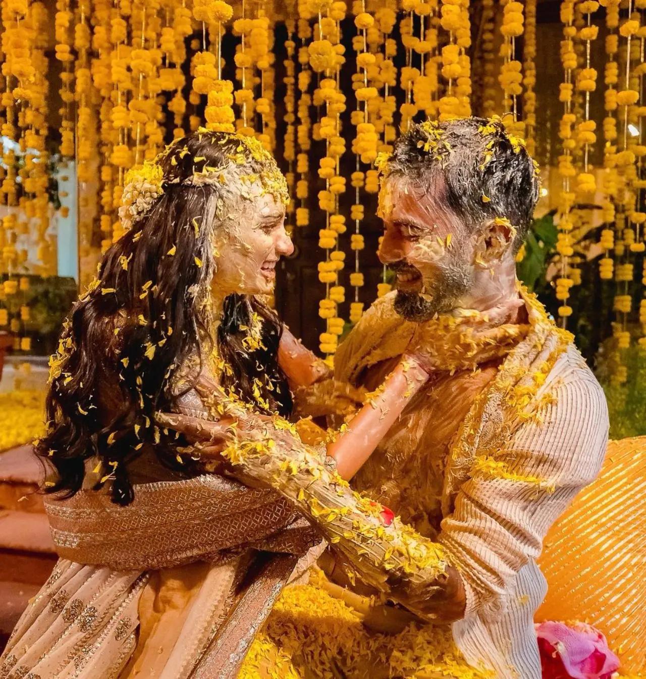 The couple shared cute moments at their haldi ceremony as they applied haldi on each other