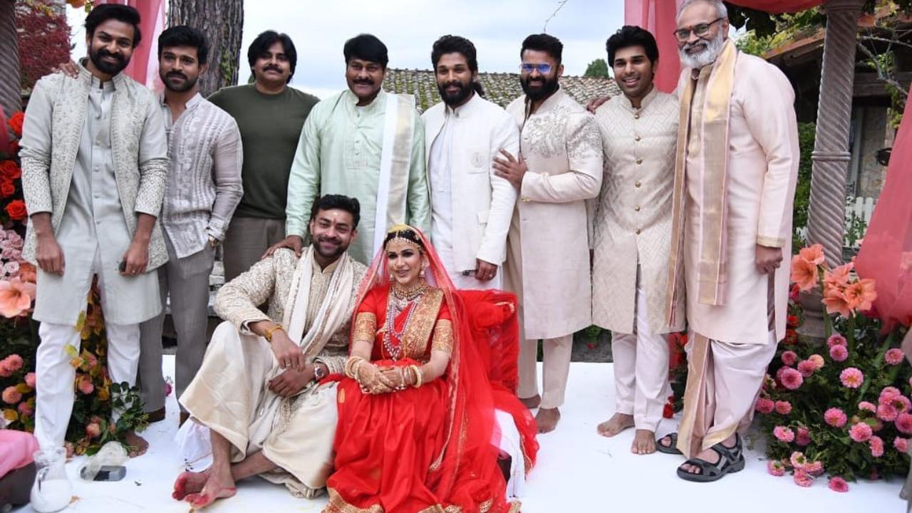 Chiranjeevi took to social media of the men in the family posing with the newlyweds
