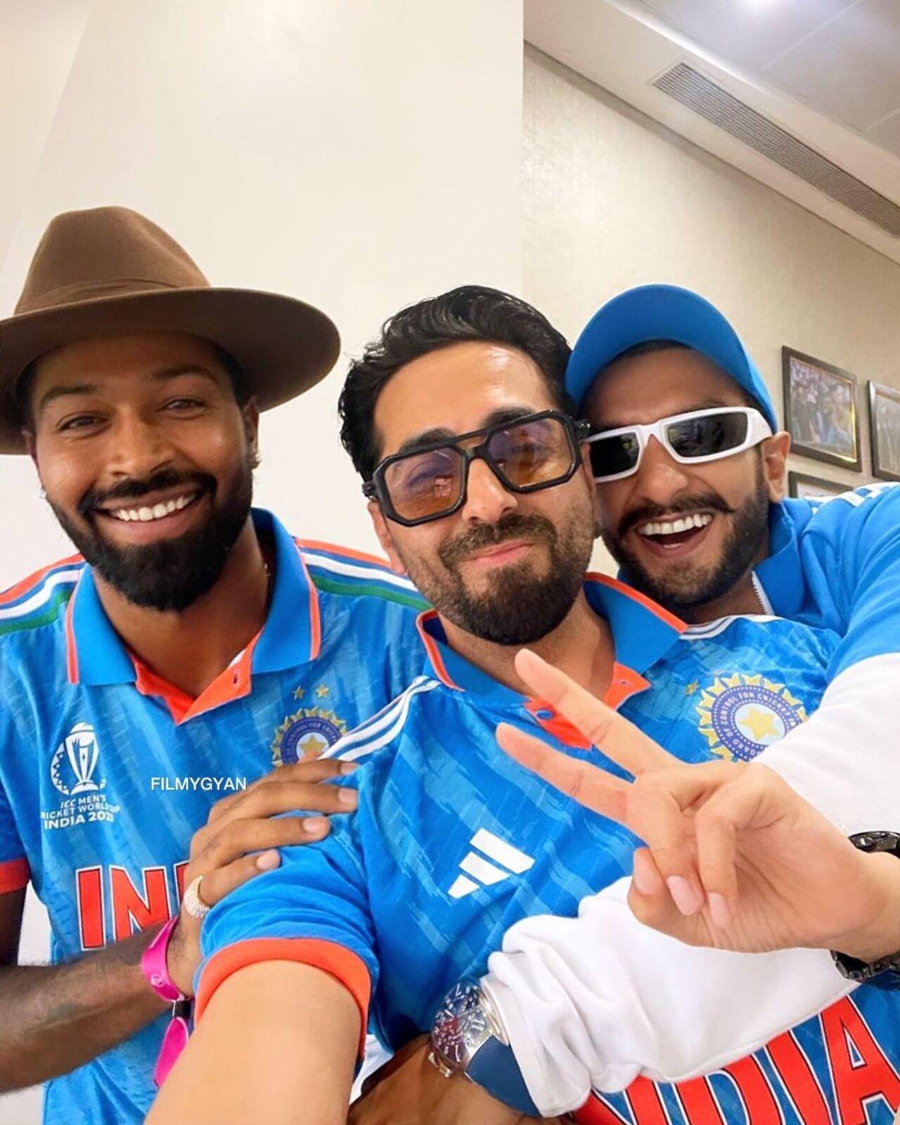 Ayushmann also shared a picture with Ranveer Singh and cricketer Hardik Pandya from the stadium. The trio caught up during the match