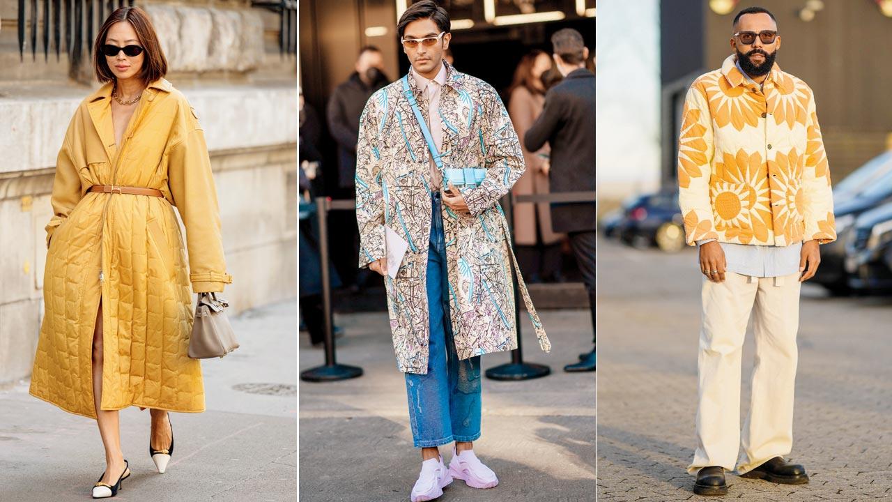 Aimee Song wears a mustard yellow belted puffer coat; Rahi Chadda in a multicolour long trench coat with printed patterns; A model in an orange and beige print pattern jacket