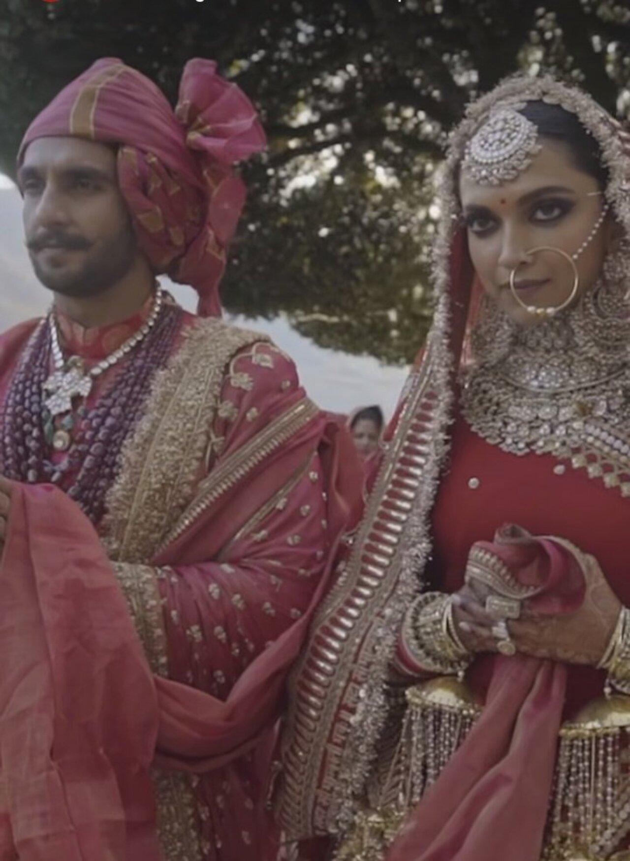 Deepika and Ranveer wore red outfits for the Sindhi wedding in Italy. Her veil had Sada Saubhyagyavati Bhava written on the border