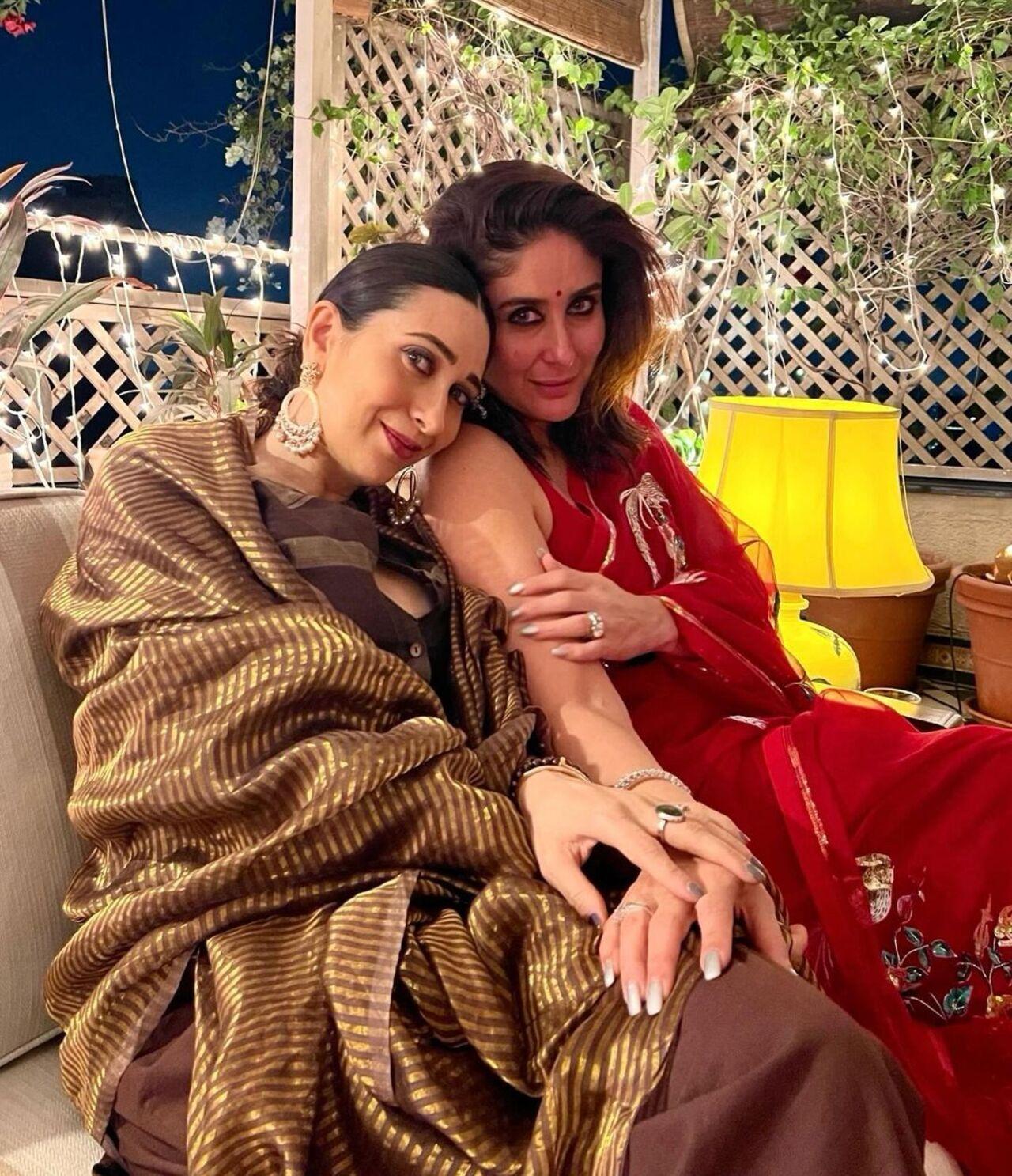 Bollywood's stylish sisters Bebo and Lolo strike a happy pose at the former's Diwali party