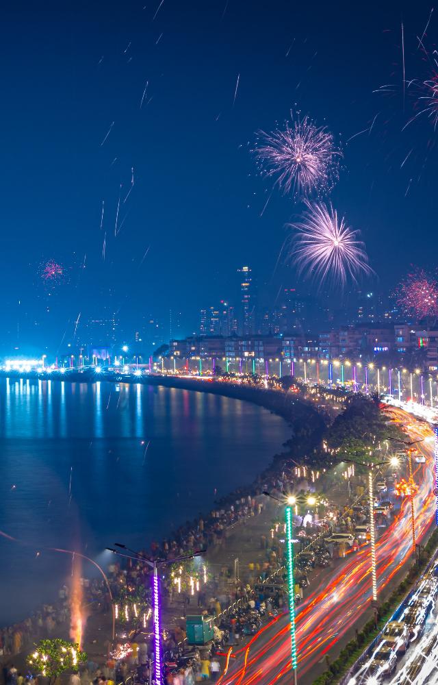 Diwali in South Bombay unfolds as a vibrant spectacle, with Marine Drive and the Gateway of India bathed in a dazzling array of colours