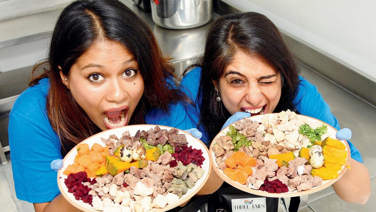 Having studied canine nutrition, Aneema Jena and Archana Dutta of Three Tails prepare well-balanced meals comprising a mix of seasonal vegetables, meat  and organs from various animals and birds, as per the dog’s age, ideal weight and breed. Pics/Satej Shinde