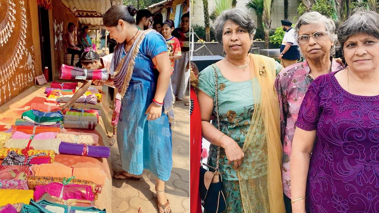 Sari distribution at Naushacha Pada in Aarey; (right) Cassandra Nazareth with (centre) Rita Newnes and Blasia Pinto