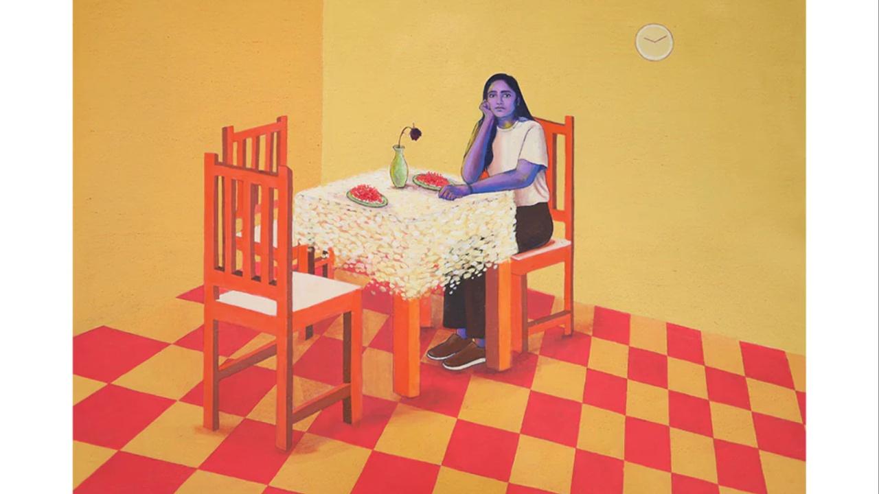 Life-like and banal, Mona’s paintings transition from an indulgent couch rotting session to living in harmony with beak-poking pigeons. It’s a dichotomy of rest and disquiet, pain and numbness, aloofness in a gathering – an allegory of sorts. Things simultaneously fall in and out of place like the theatrics of seasonal changes, causing slight discomfort but nothing unusual or unexpected