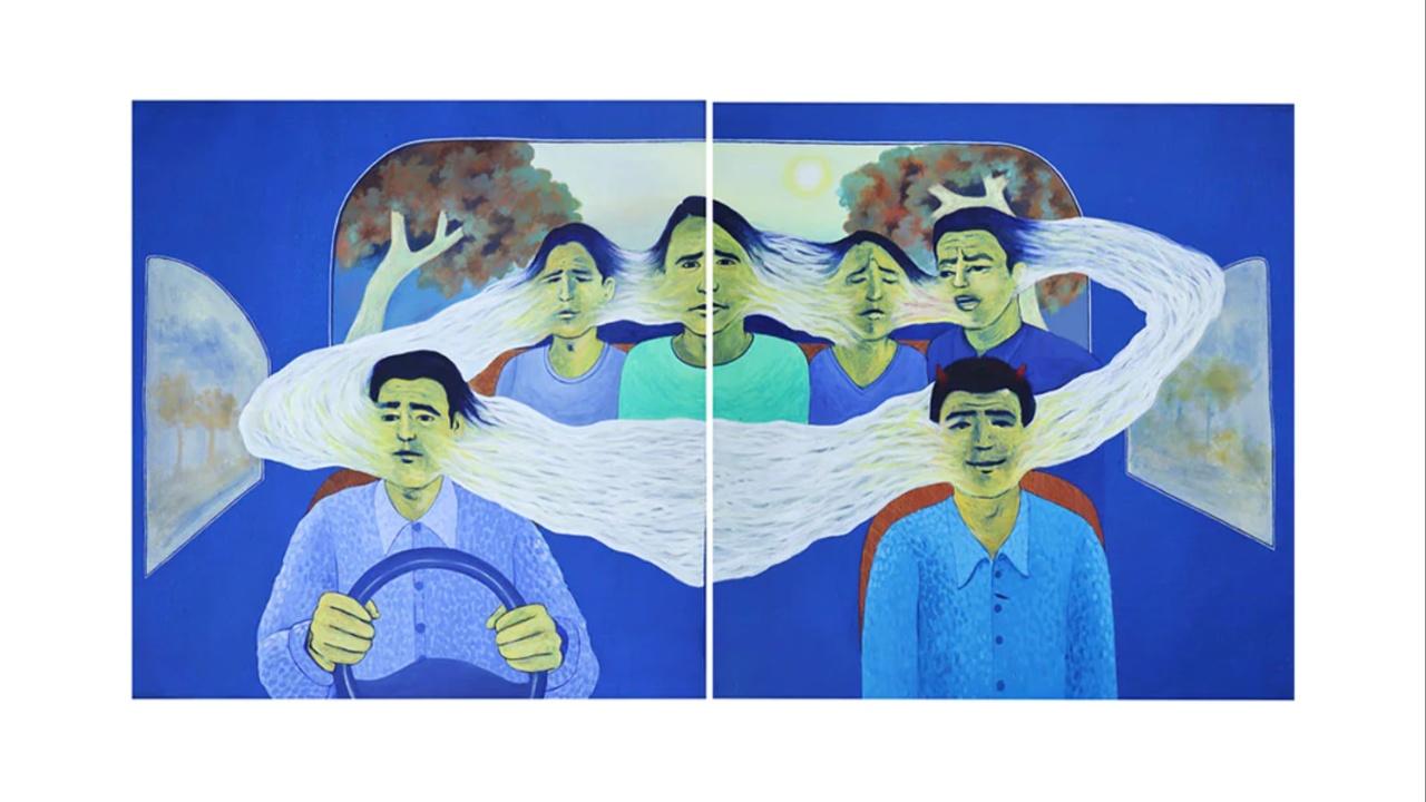 “A Sunny Day” represents a road trip undertaken by a family on a bright morning. The painting is a metaphorical depiction of life’s journey personified as a moving car. Traversing through life, like travelling in a car – becomes the coming together of two canvasses. And just how, two realities collide – two opinions emerge