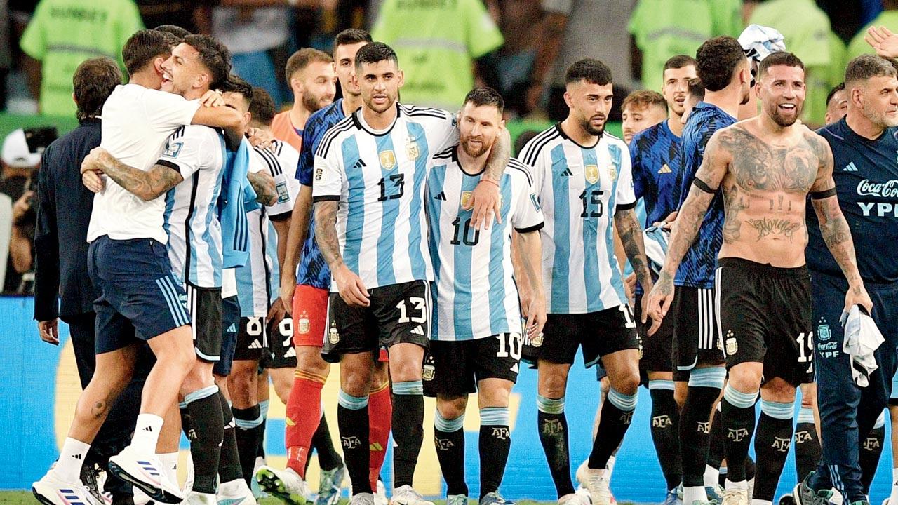 Argentina skipper Lionel Messi (centre) with teammates after their 1-0 victory over Brazil on Tuesday