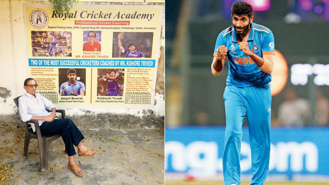 Bumrah’s childhood coach Kishore Trivedi at the Royal Cricket Academy in A’bad yesterday where a young Bumrah honed his skills as a teenager. Pic/Ashwin Ferro; (right} Jasprit Bumrah is ecstatic after claiming the wicket of NZ’s Glenn Phillips at Wankhede on Wednesday. Pic/Getty Images