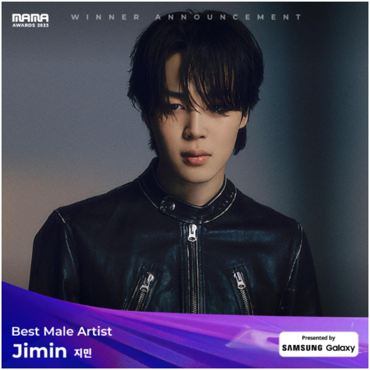 BTS member Jimin won one of the top solo gongs of the evening - Best Male Artist - for his solo album Face.