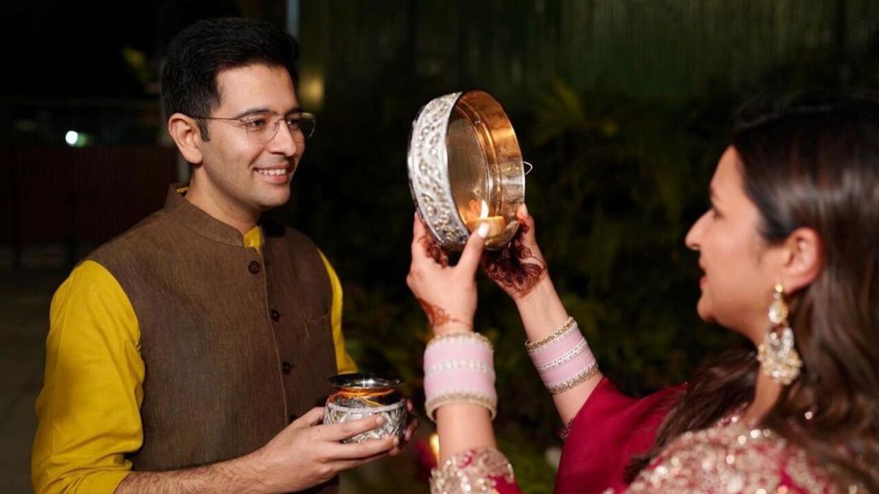 Parineeti and Raghav shared pictures from their first Karwa Chauth on social media