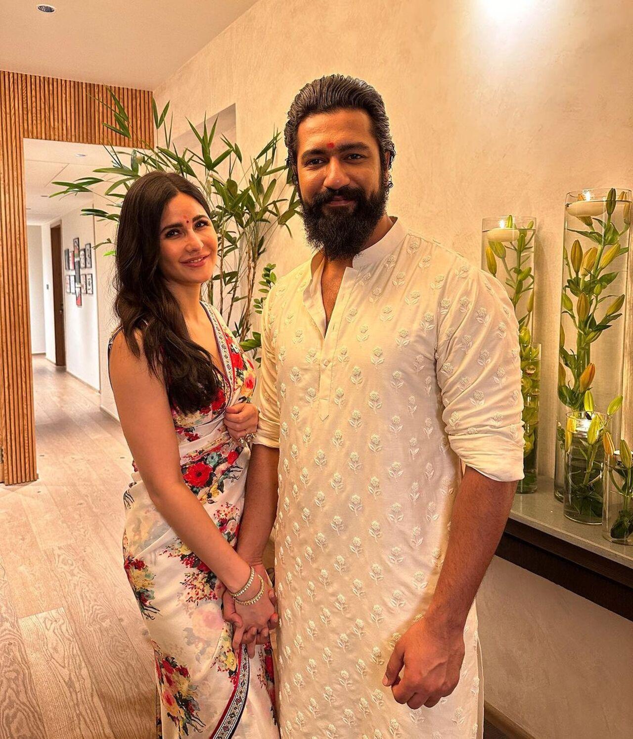 Vicky Kaushal and Katrina Kaif celebrated Diwali 2023 with their family members. The actress' siblings joined in for the celebration. She looked pretty in a floral saree and he wore a kurta