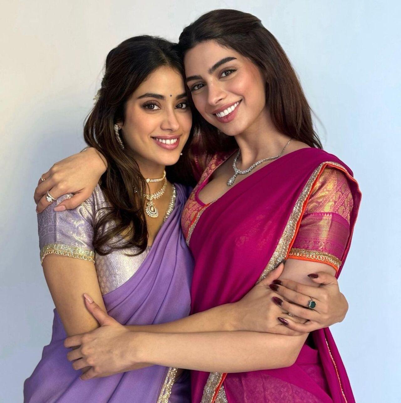 Janhvi Kapoor looked gorgeous in a purple and silver half-saree whereas Khushi Kapoor was dressed in a pink and orange half-saree for Dhanteras puja at Dharma Productions