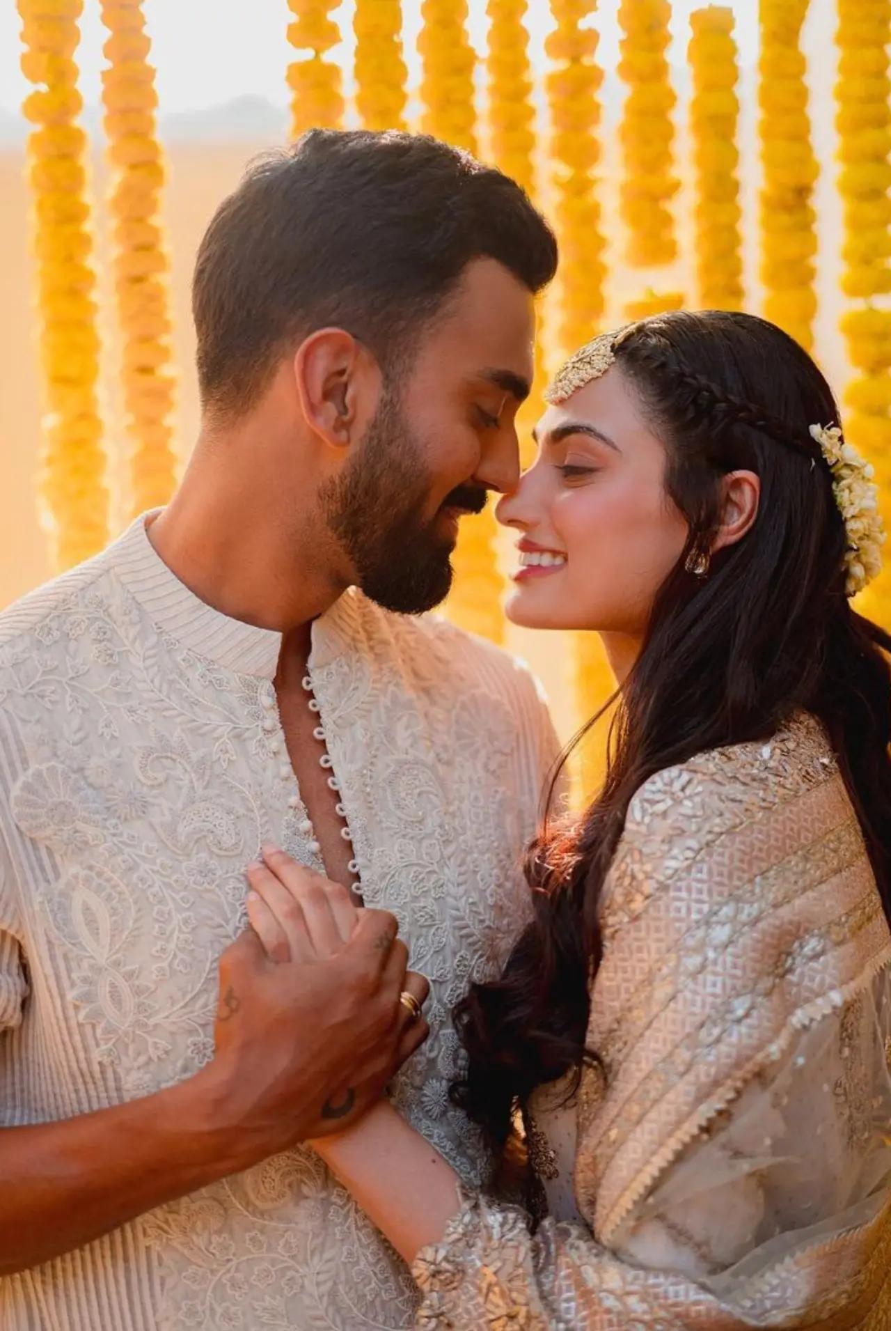 Rahul also shared a romantic picture with Athiya which was clicked before the haldi ceremony. The couple looked at each other lovingly, in the picture