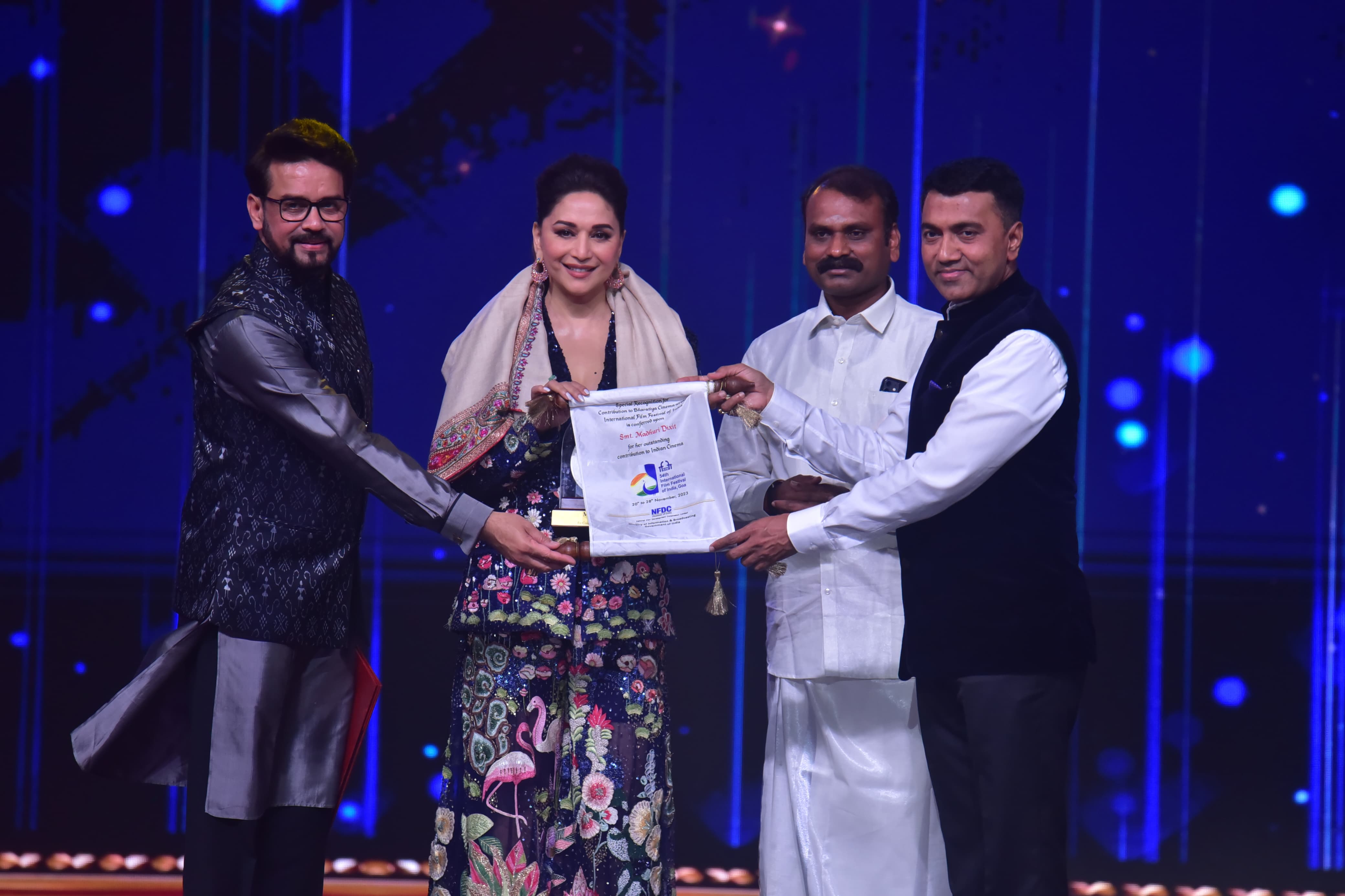 Madhuri Dixit was feted with an award for her contribution to Bharatiya Cinema Award at IFFI 2023