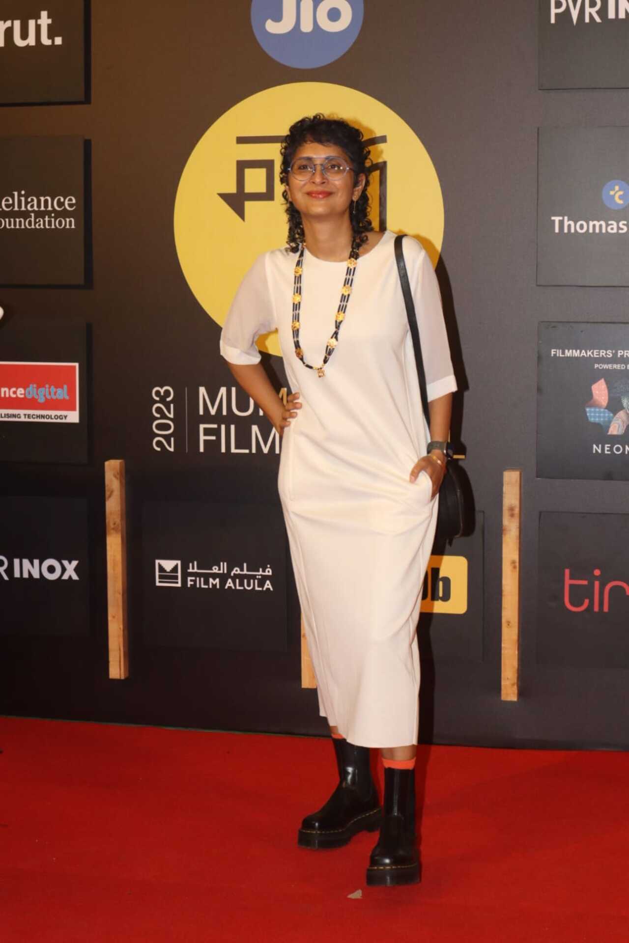 Kiran Rao looked great in a white gown with a multi-coloured neck piece