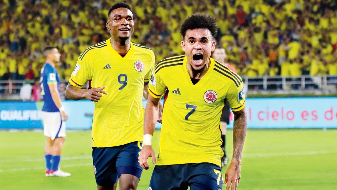 Colombia’s Luis Diaz celebrates his second goal against Brazil in Barranquilla on Thursday. Pic/Getty Images