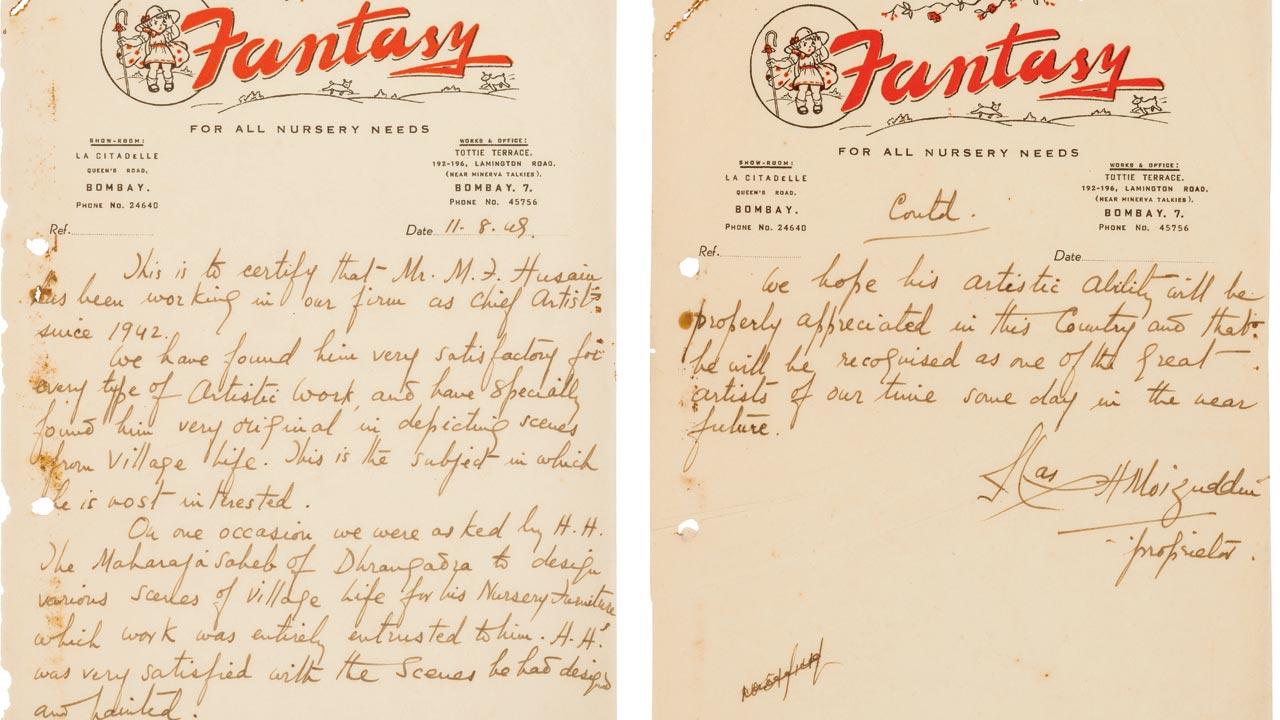 A letter of recommendation from Fantasy to Husain, recognising his artistic genius 