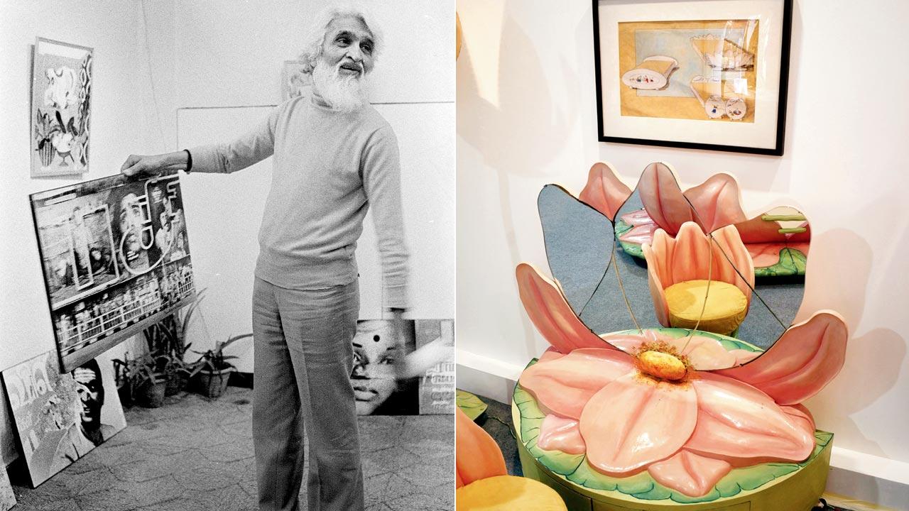 MF Husain in the 1980s. It was at Fantasy that the artist began developing an indigenous aesthetic. Pic/Getty Images; (right) The Lotus Suite’s miniature dressing table with a petal-shaped mirror. Pic/Sameer Markande